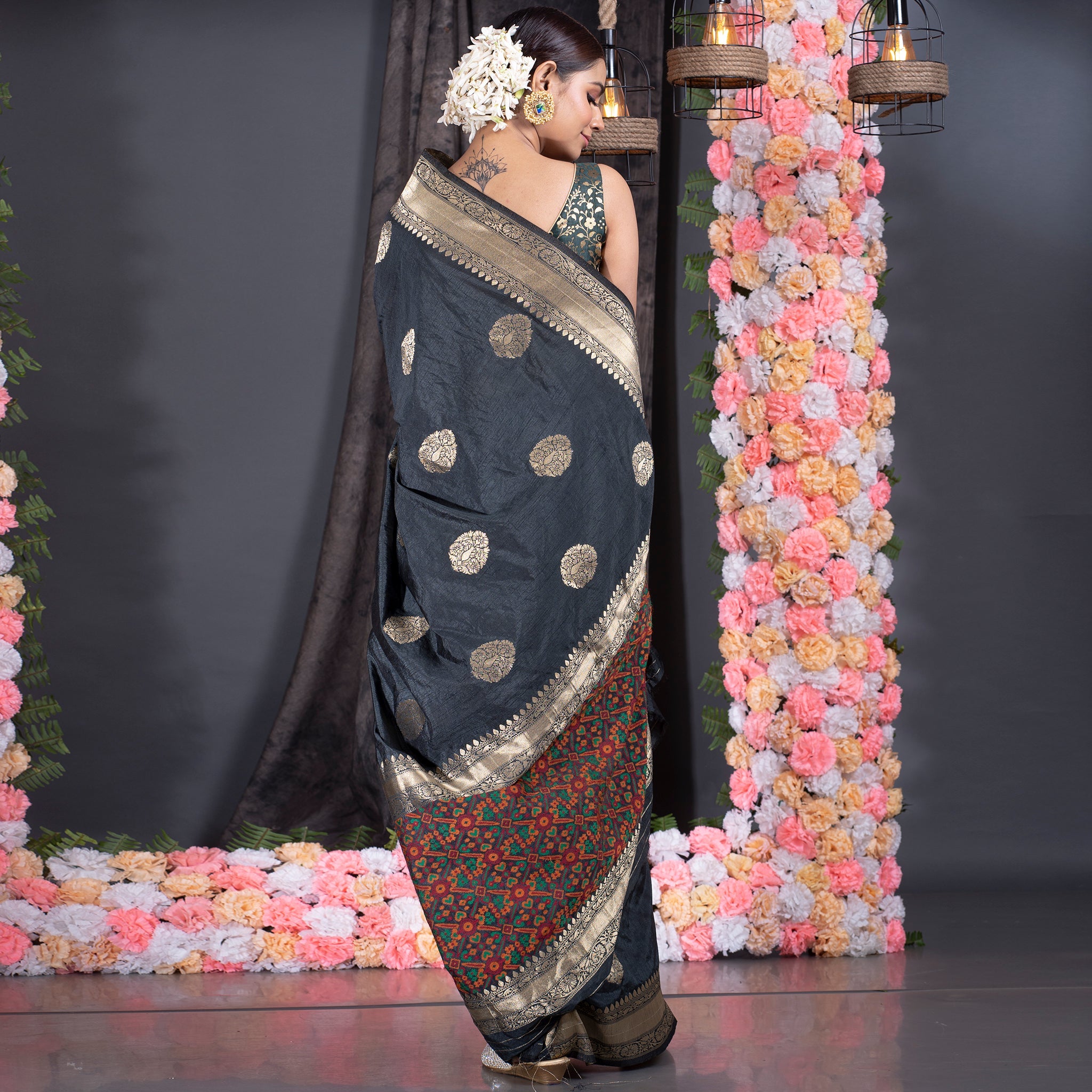 Pure Chanderi Silk Black & White Figure Pattern Hand Block Printed Saree |  Kishori