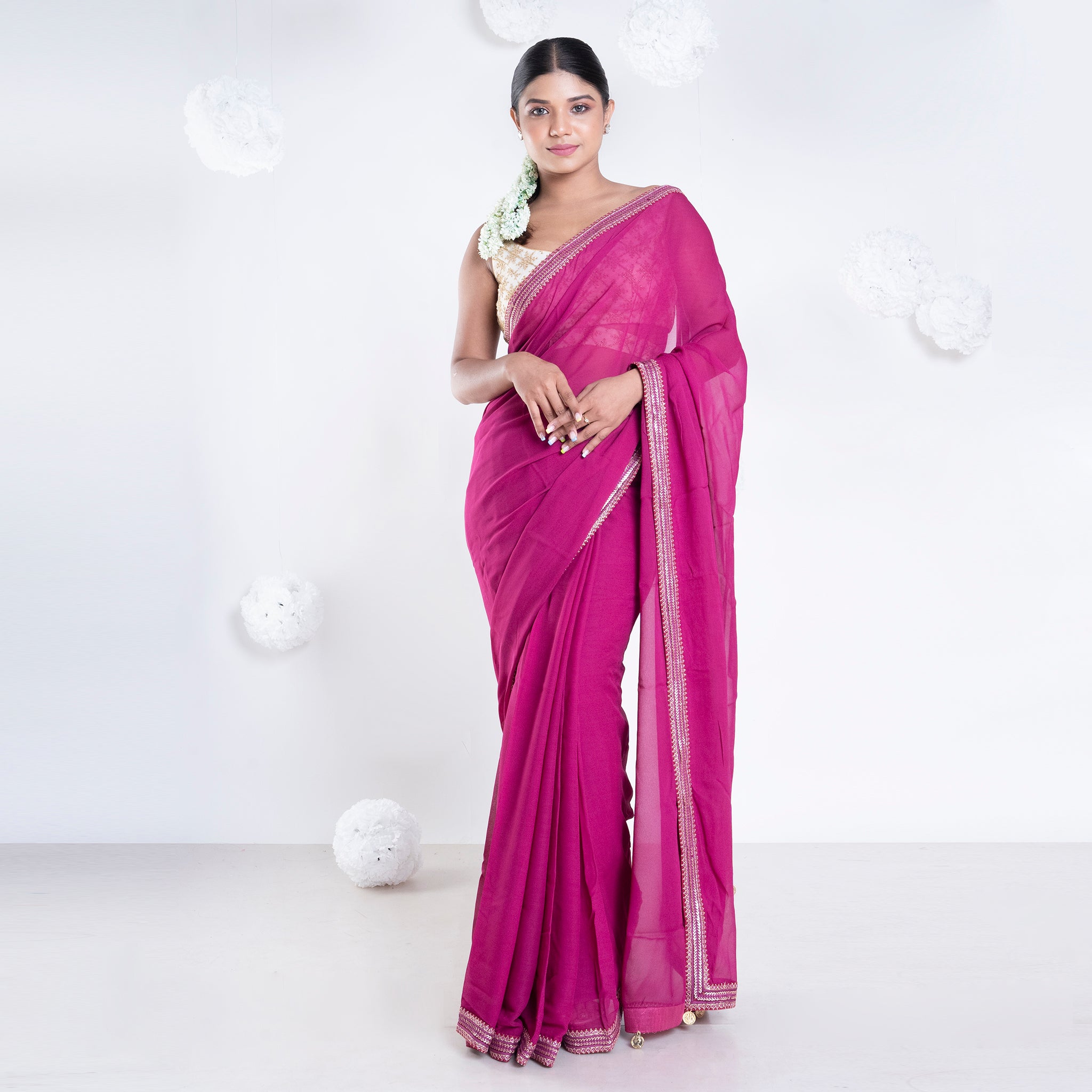 Pink Chiffon Plain Saree with Contrast Sequins Worked Lace -...