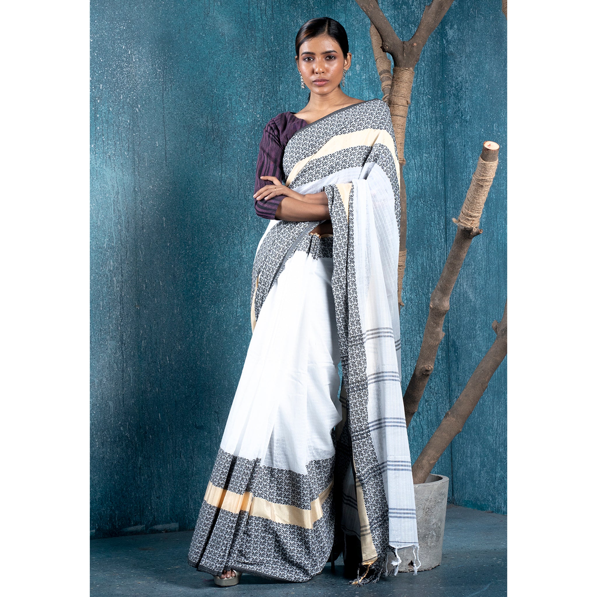 Buy White Organic Cotton Printed Floral And Leaf Applique Saree With Blouse  For Women by Shwetanga Online at Aza Fashions.